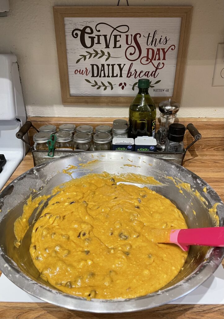 The pumpkin bread better is ready to pour into the pans.