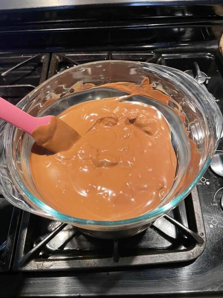 Peanut butter chocolate bark. Melting the chocolate. 